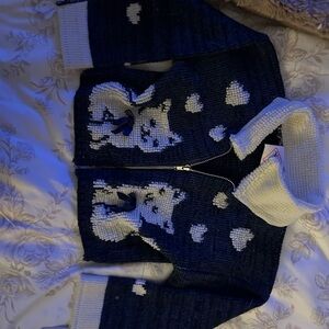 Vintage Navy and White Knit Sweater with kitten Design